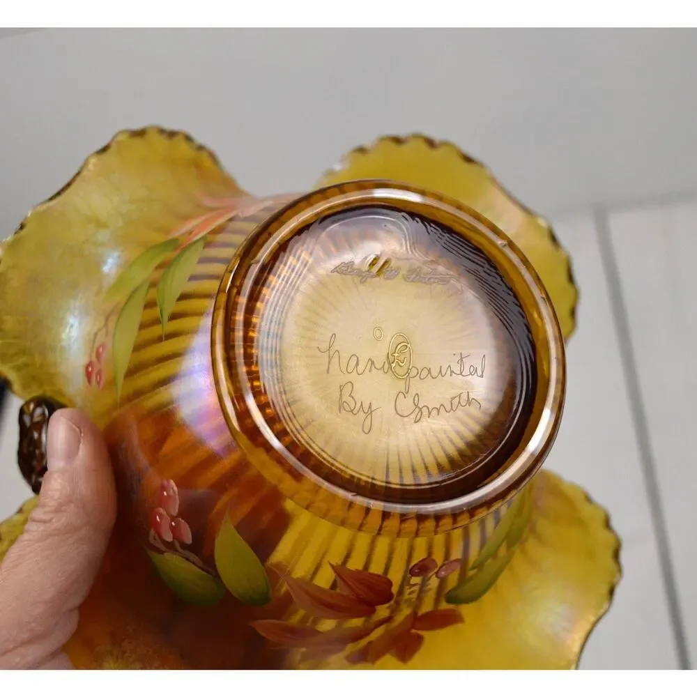 Vintage Fenton Amber Carnival Glass Basket, Christmas Poinsettia